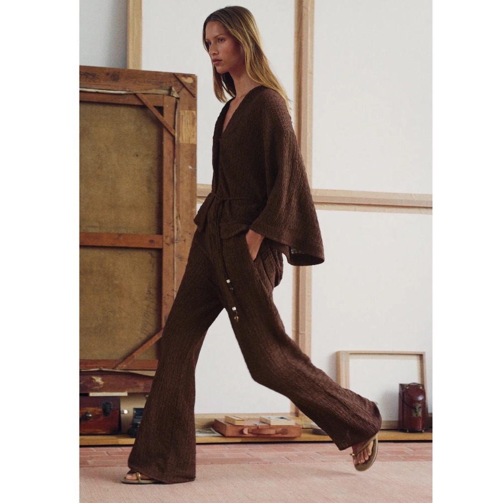 Zara Brown Textured Crinkle Kimono Wrap Top size L and Wide Leg Pants size S